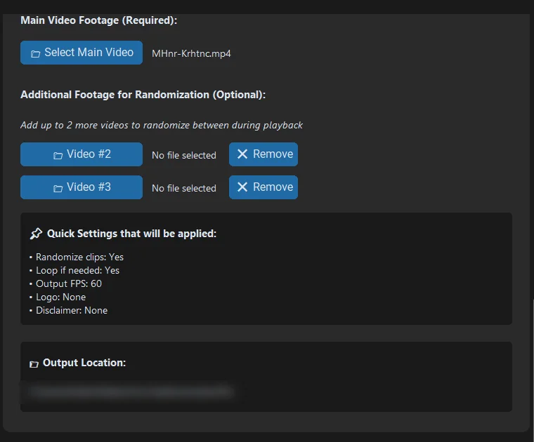 Nofacely's footage panel with a main video selected and two optional extra video slots.