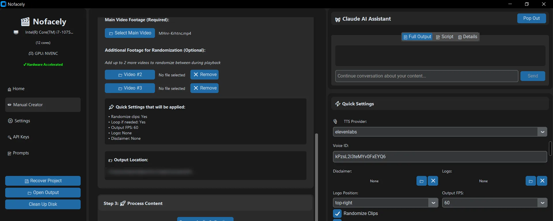 The Nofacely app on Windows, showing footage selection, quick settings, and the voice settings panel.
